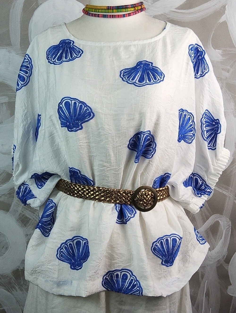 EE:SOME Wmns S Blue Embroidered Shells Sheer Short Sleeve White Top Summer Vacay